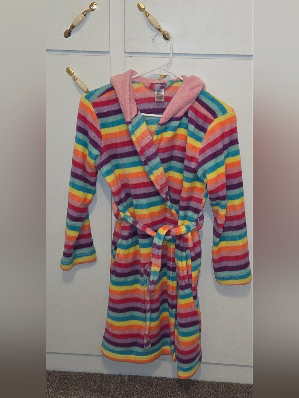 Joe Boxer Girls Hooded Bathrobe - Rainbow Stripe w/ Pink Unicorn Hood Sz 10/12